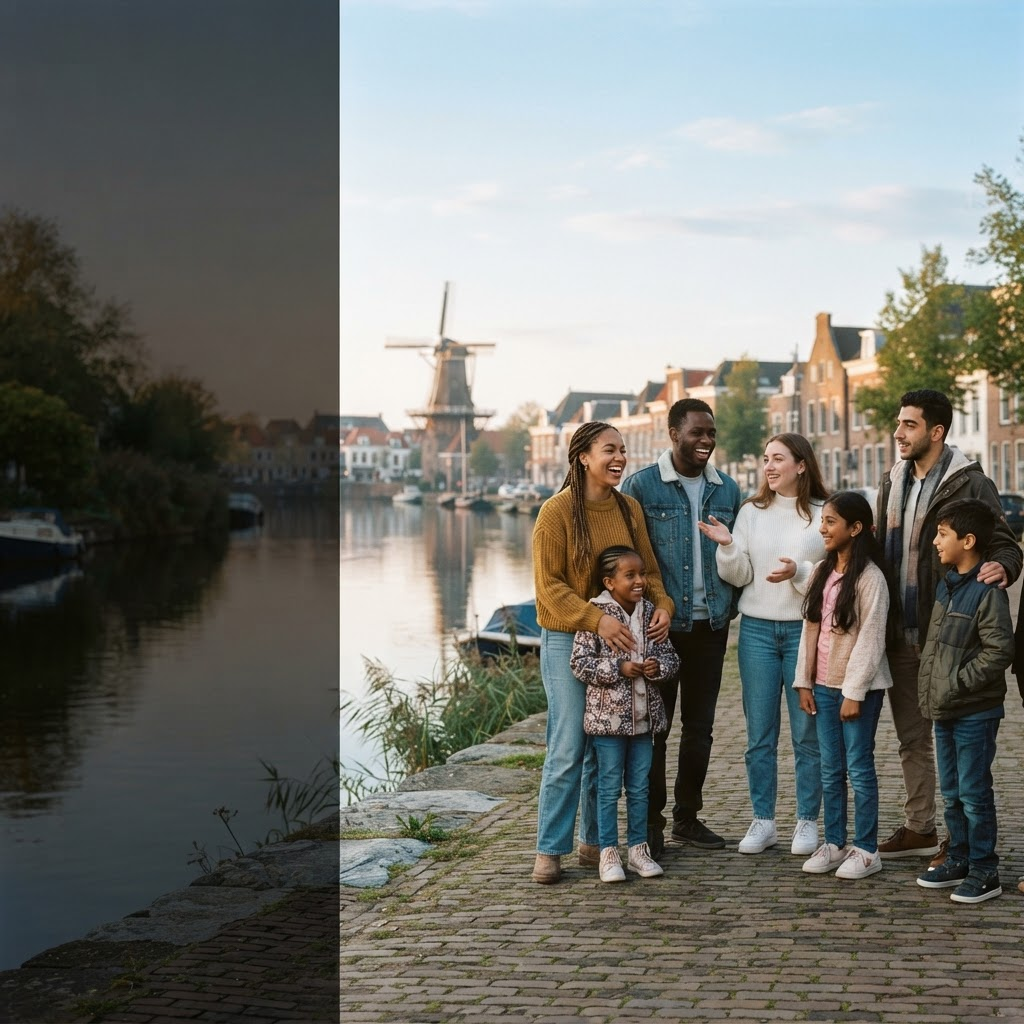 A community gathered together beside the water